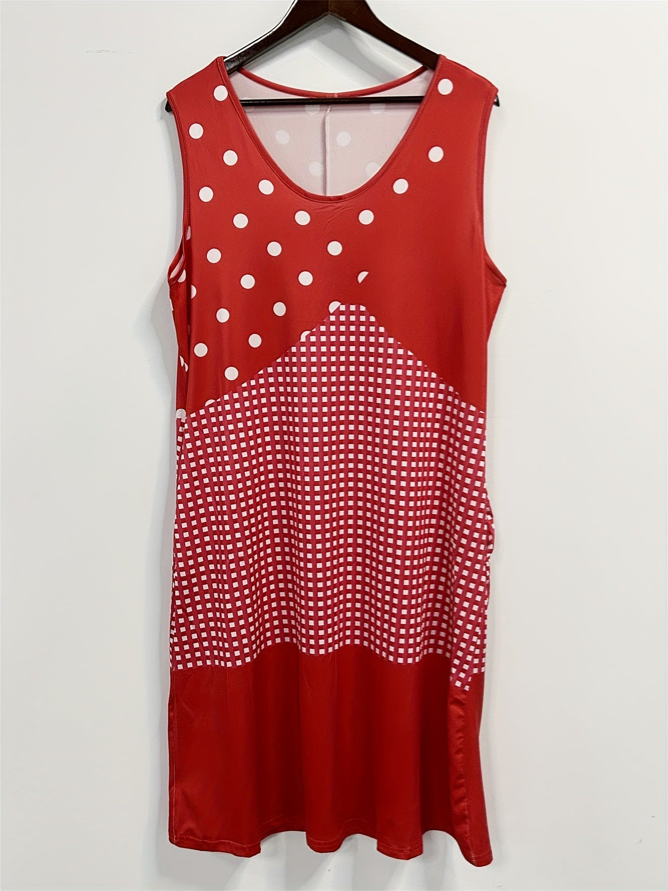 Colorblock Dot Print Tank Dress With Pockets