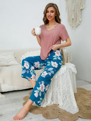 Floral Print Lounge Set V Neck Short Sleeve Top & Bow Pants