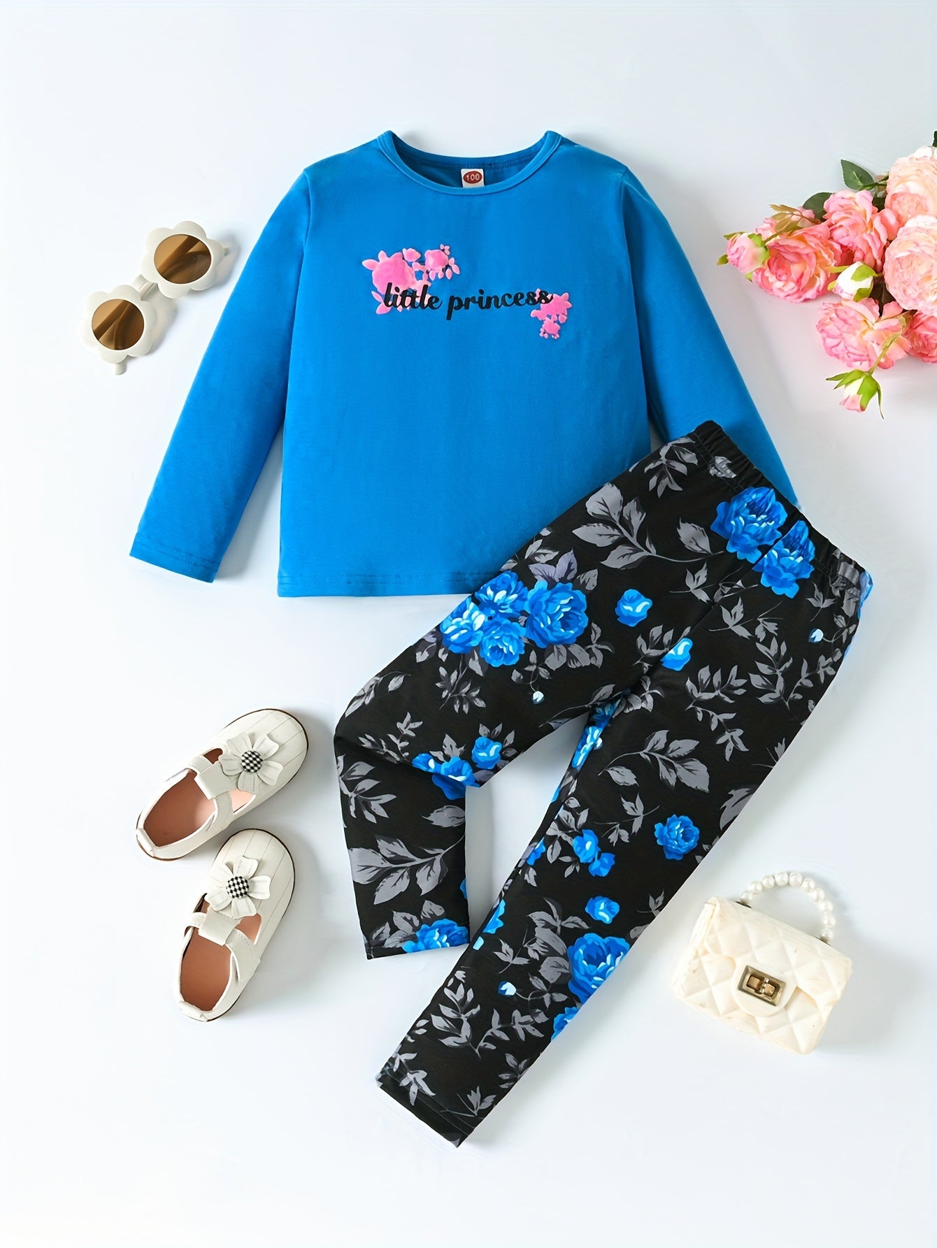 Floral Pattern 2pcs Set Long Sleeve Top & Leggings LITTLE PRINCESS Print