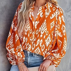 Ikat Print Button Up Lantern Sleeve Blouse