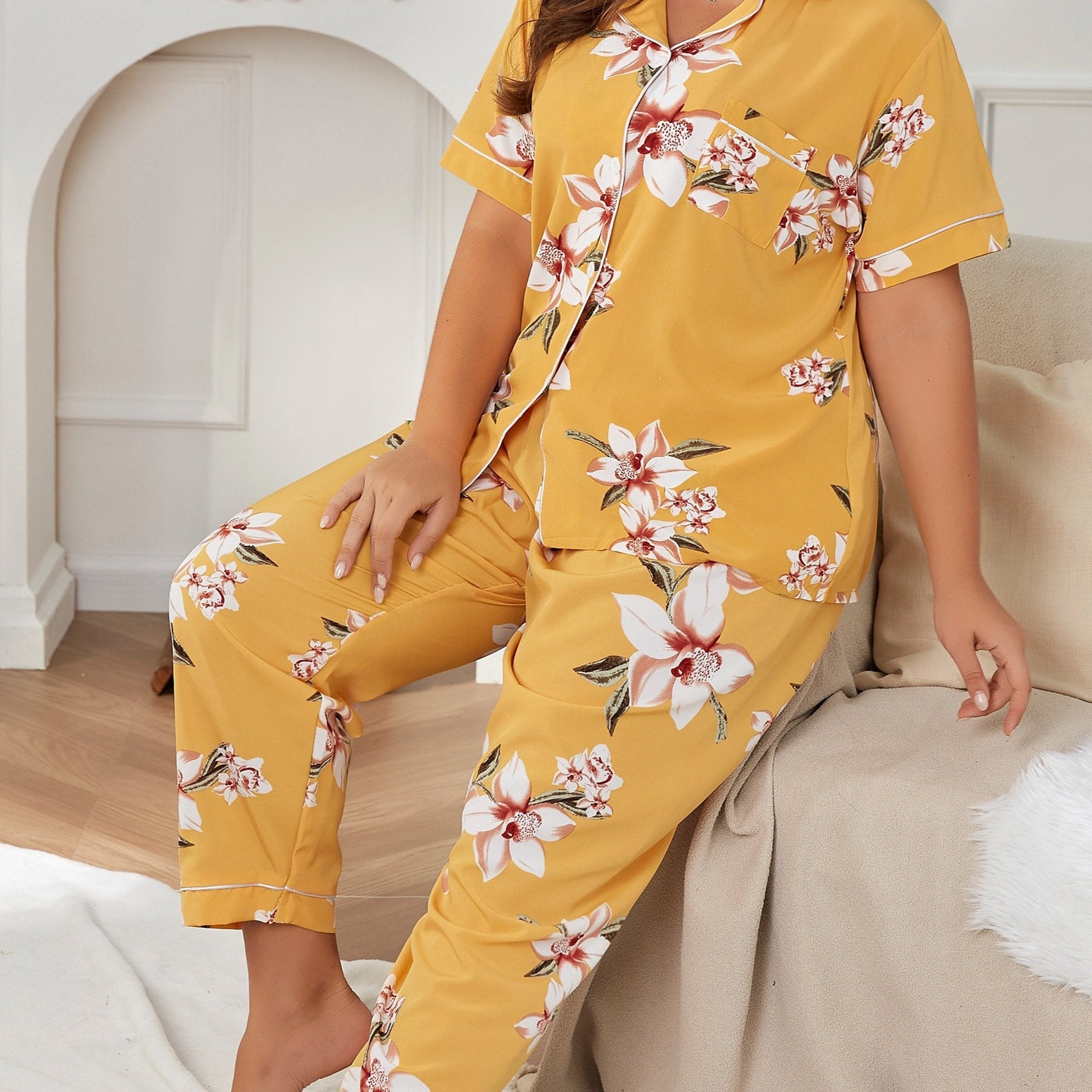 Floral Print Pajama Set Short Sleeve Lounge Two Piece