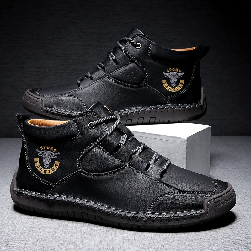 Men Leather Stitch Ankle Boots Non Slip Walking Sneakers