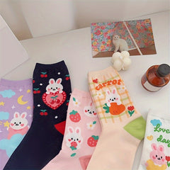 5 Pairs Cartoon Bunny Print Socks Cute & Comfy Women's Mid Tube Stockings