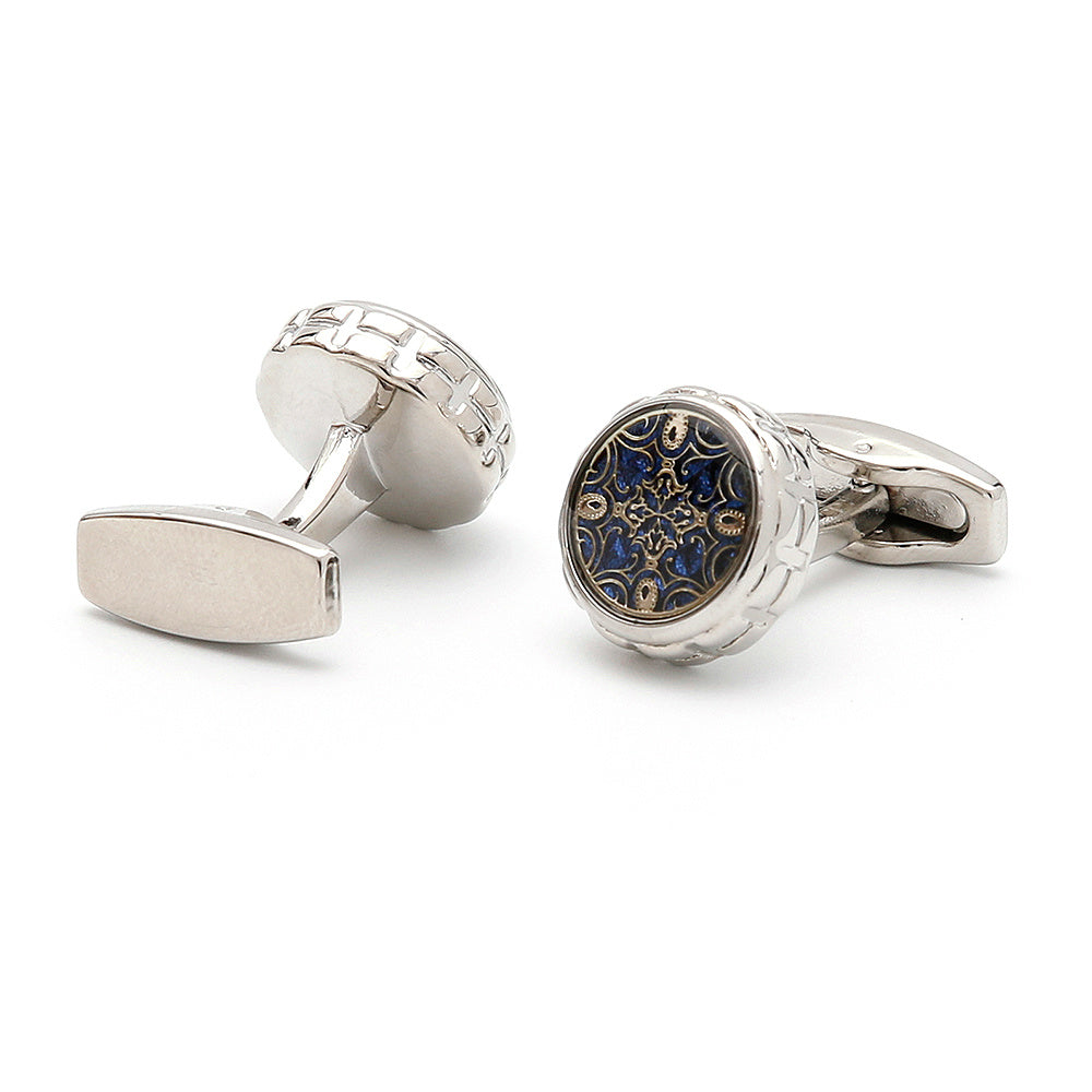 French Vintage Silver Men's Cufflinks, Round Pattern