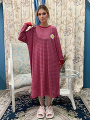 Flower Pattern Lounge Dress Long Sleeve Striped Home Dress Women's Loungewear