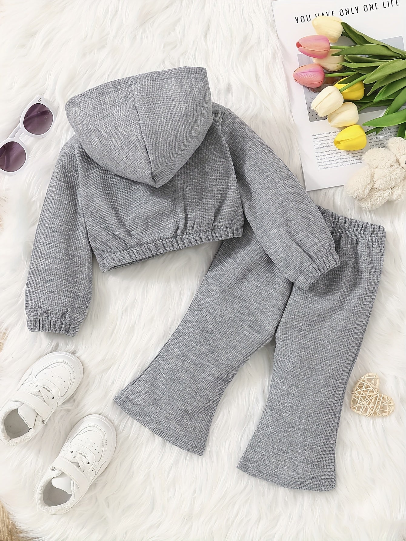 Baby Girl Waffle Hooded Top and Pants Set