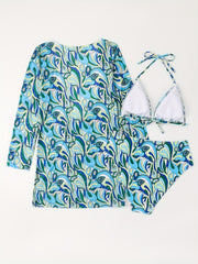 Boho Plus Bikini Set Women's Allover Print Cover Up & Halter Bra & Panty Swimsui