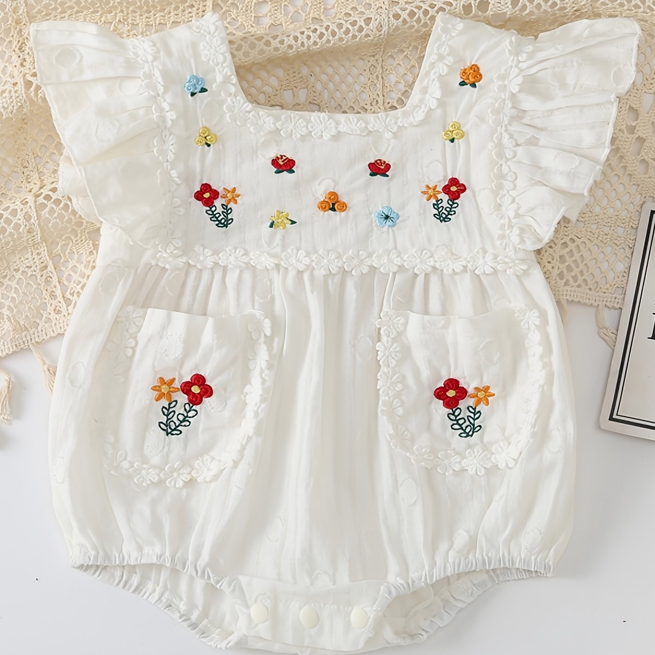 Infant Ruffles Short Sleeve Romper Flower Embroidery Bodysuit Onesies