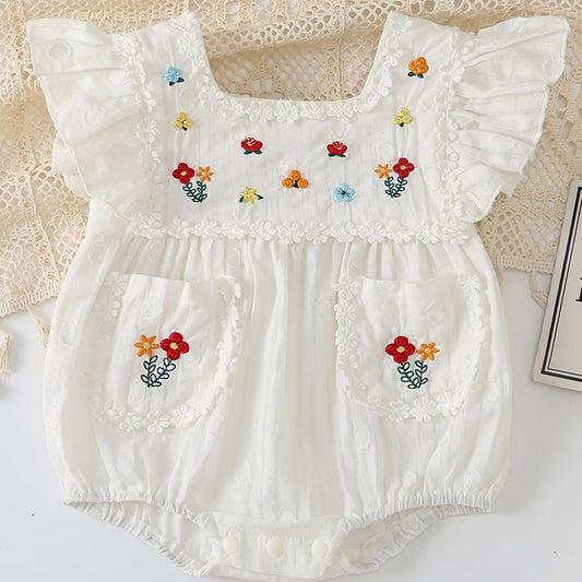 Infant Ruffles Short Sleeve Romper Flower Embroidery Bodysuit Onesies