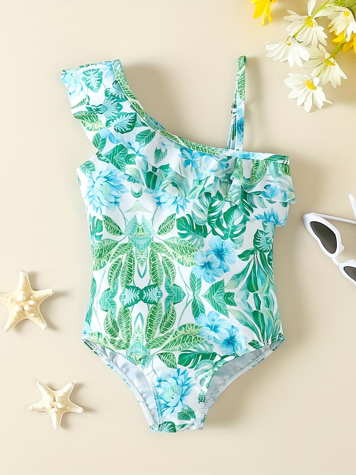 Girls' Green Floral One Shoulder Swimsuit with Ruffled Trim
