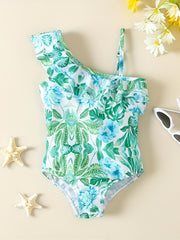 Girls' Green Floral One Shoulder Swimsuit with Ruffled Trim