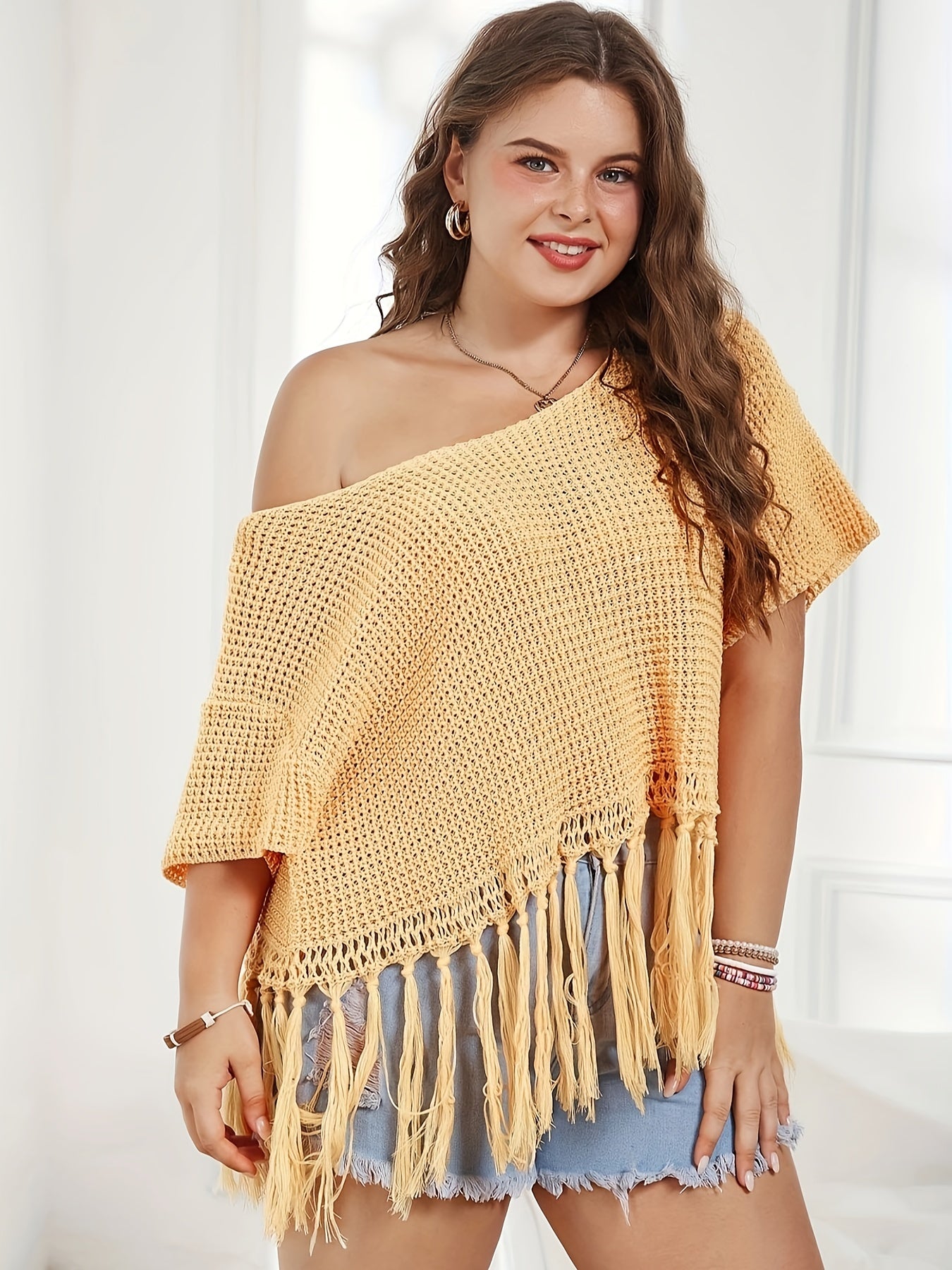 Vacay Sweater Women's Plus Solid Waffle Crochet Tassel Trim Crop Top