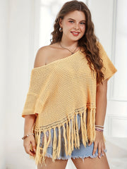 Vacay Sweater Women's Plus Solid Waffle Crochet Tassel Trim Crop Top