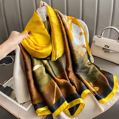 Lotus Print Silk Scarf Large Shawl Women Sunscreen Turban Wrap