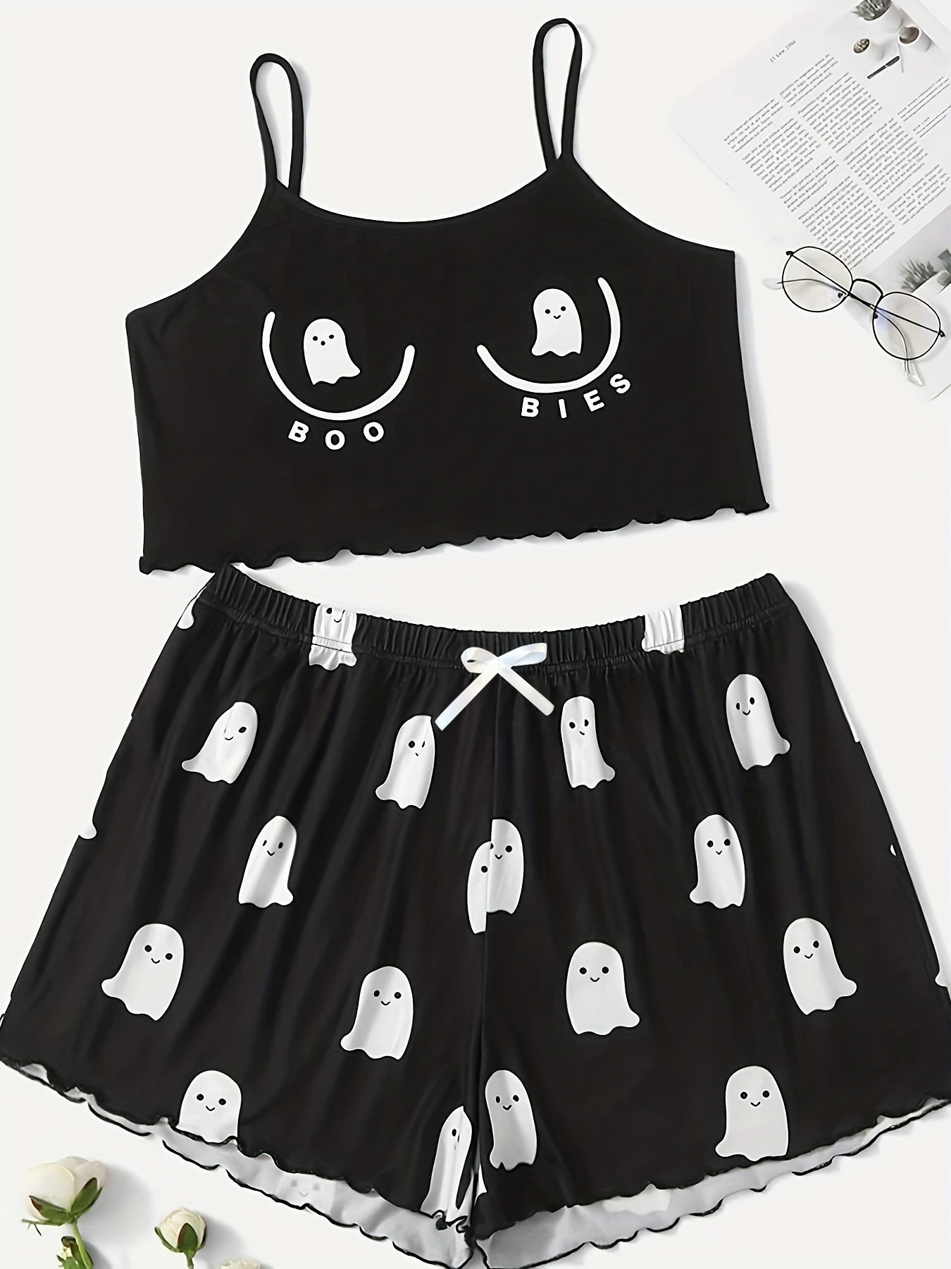 Ghost Print Pajama Set Crew Neck Cami Top & Shorts