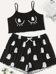 Ghost Print Pajama Set Crew Neck Cami Top & Shorts