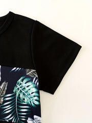 Boys Leaf Print Casual Outfit Round Neck T shirt & Shorts Set