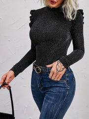 Solid Ruffle Trim Knit Pullover Top Long Sleeve Top For Spring & Fall