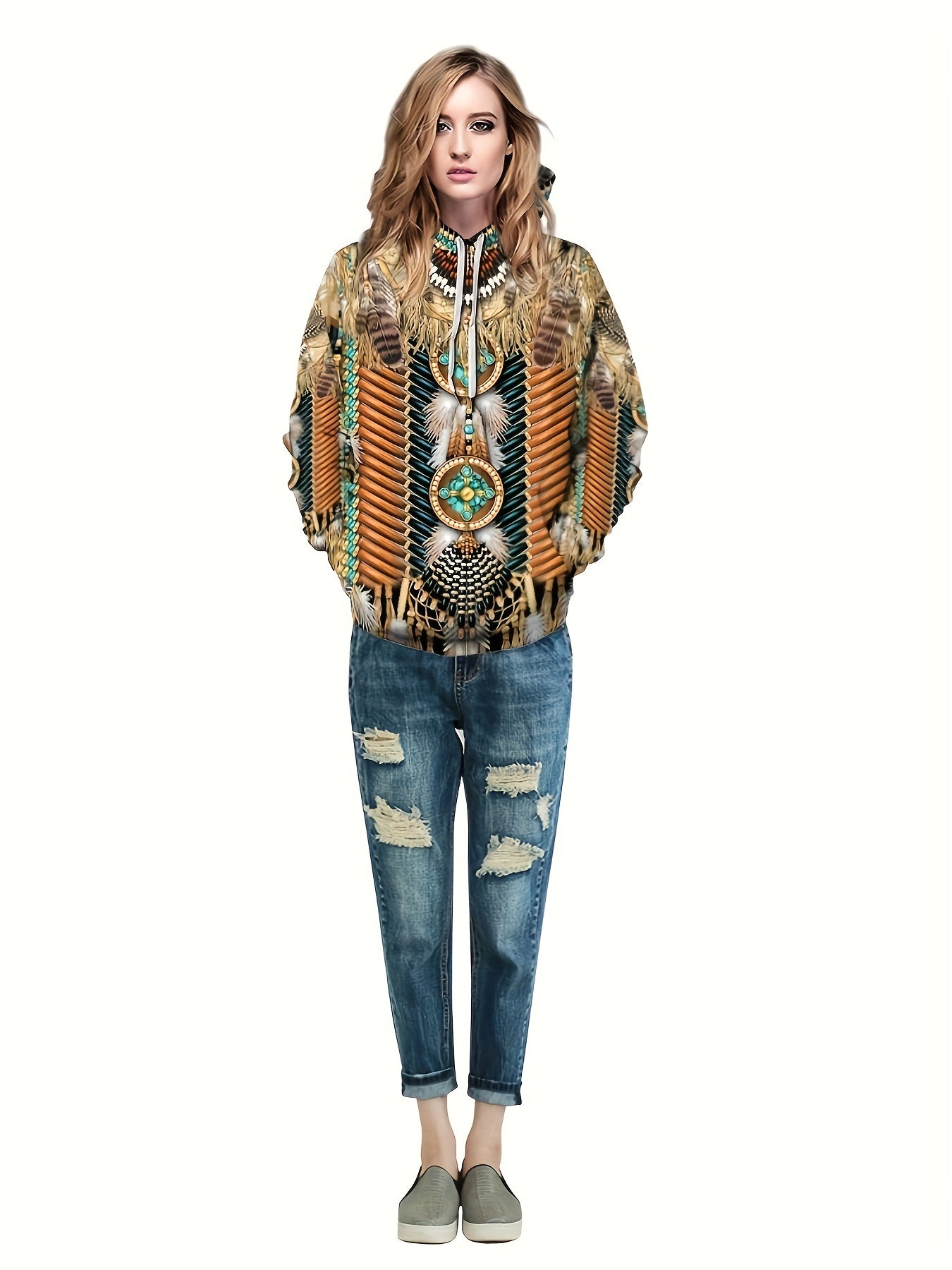 Boho Graphic Print Hoodie Vintage Drawstring Sweatshirt