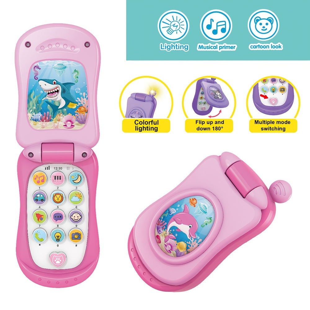 Interactive Cartoon Music Flip Phone Toy for Ages 3 in Purple Pink