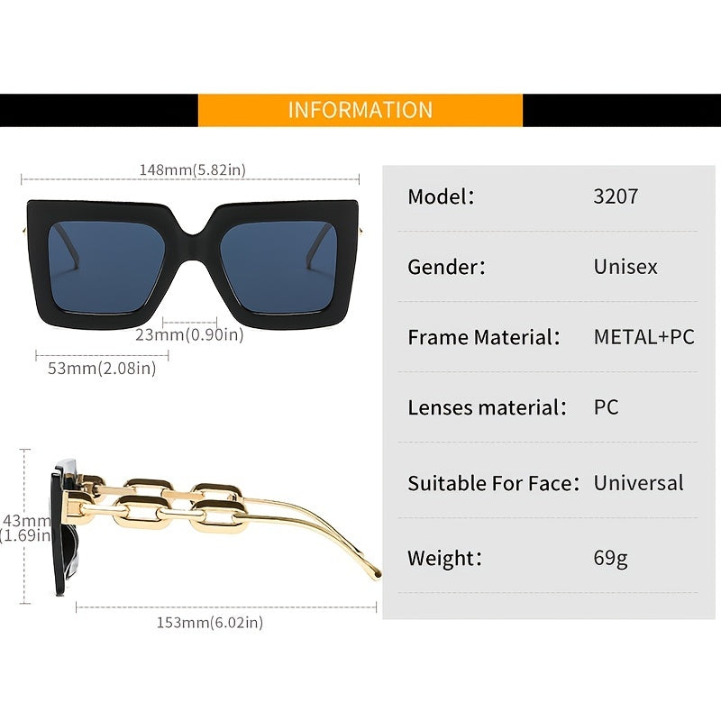 Oversized Square Sunglasses Metal Chain Temple UV Protection