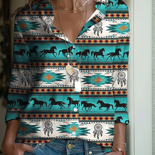 Geometric & Horse Print Button Up Western Style Blouse