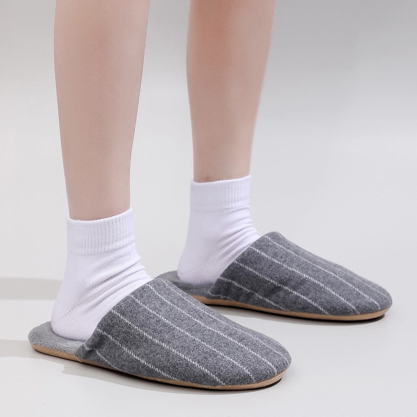 Grey Minimalist Striped Fluffy Slippers