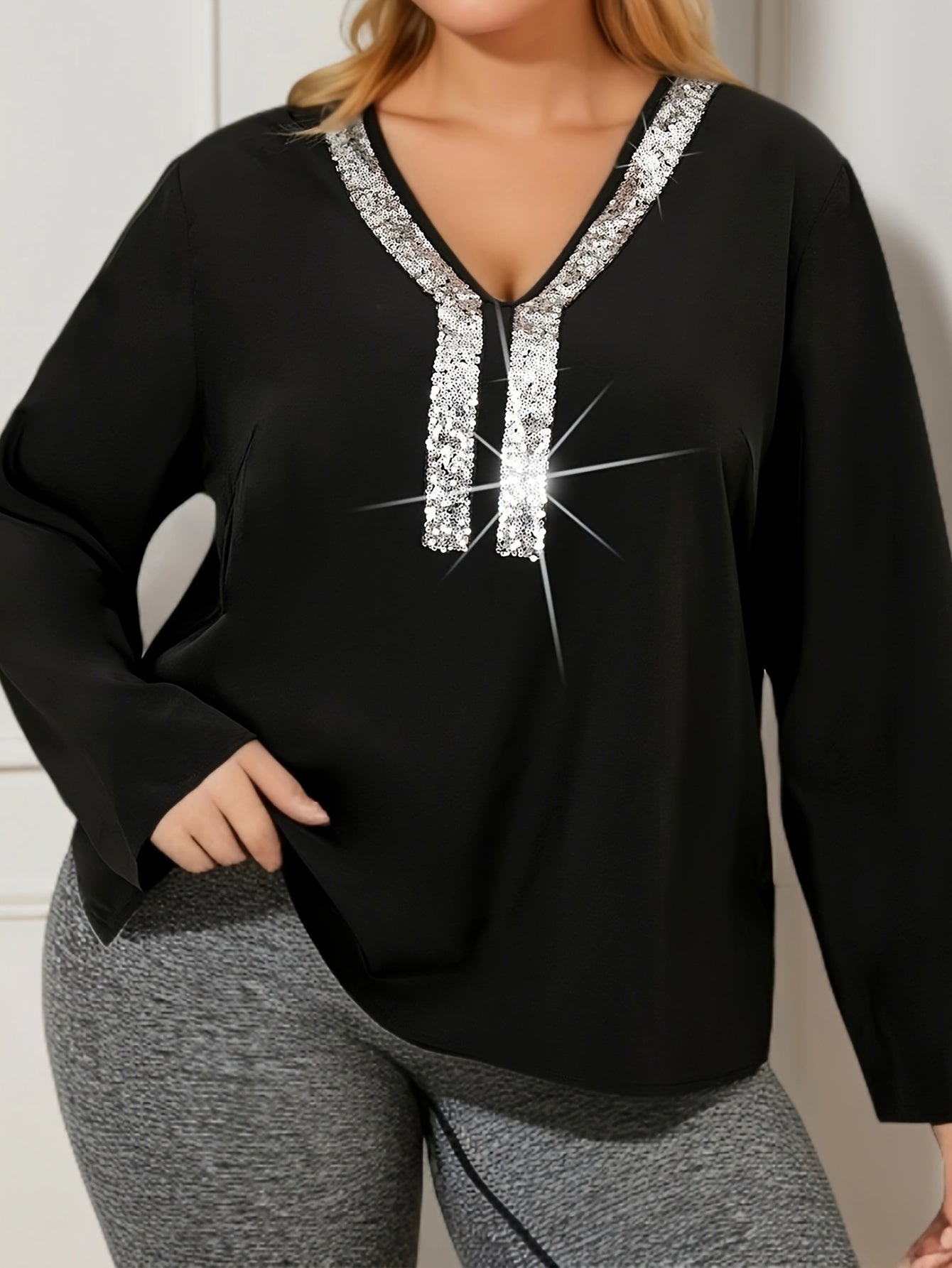 Sexy Blouse Solid Sequin Long Sleeve V Neck Stretch Shirt Top