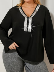 Sexy Blouse Solid Sequin Long Sleeve V Neck Stretch Shirt Top