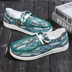 Women's Printed Canvas Lace Up Low Top Casual Flat Sneakers