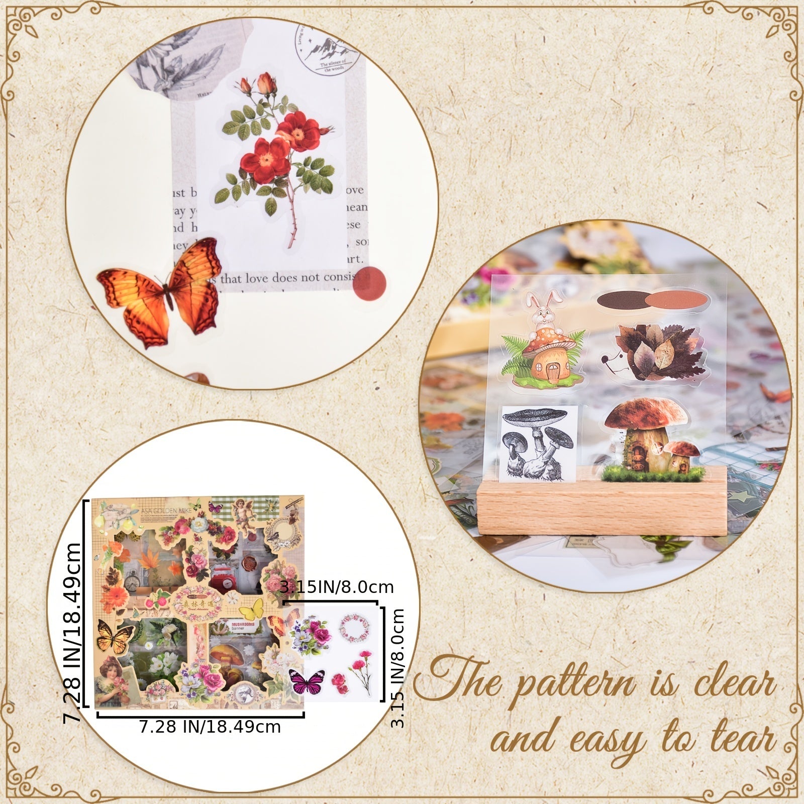 Vintage Floral Stickers Kit - Butterfly Mushroom Leaves