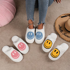 Women's Smile Face Plush Slippers Warm Indoor Closed Toe Flat Fuzzy Shoes
