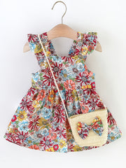 Baby Girls Ruffled Sleeves Flowers Princess Dress & Bow Bag Set