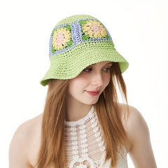 Boho Flower Crochet Ruffle Bucket Hat Lightweight Breathable Sun Foldabl
