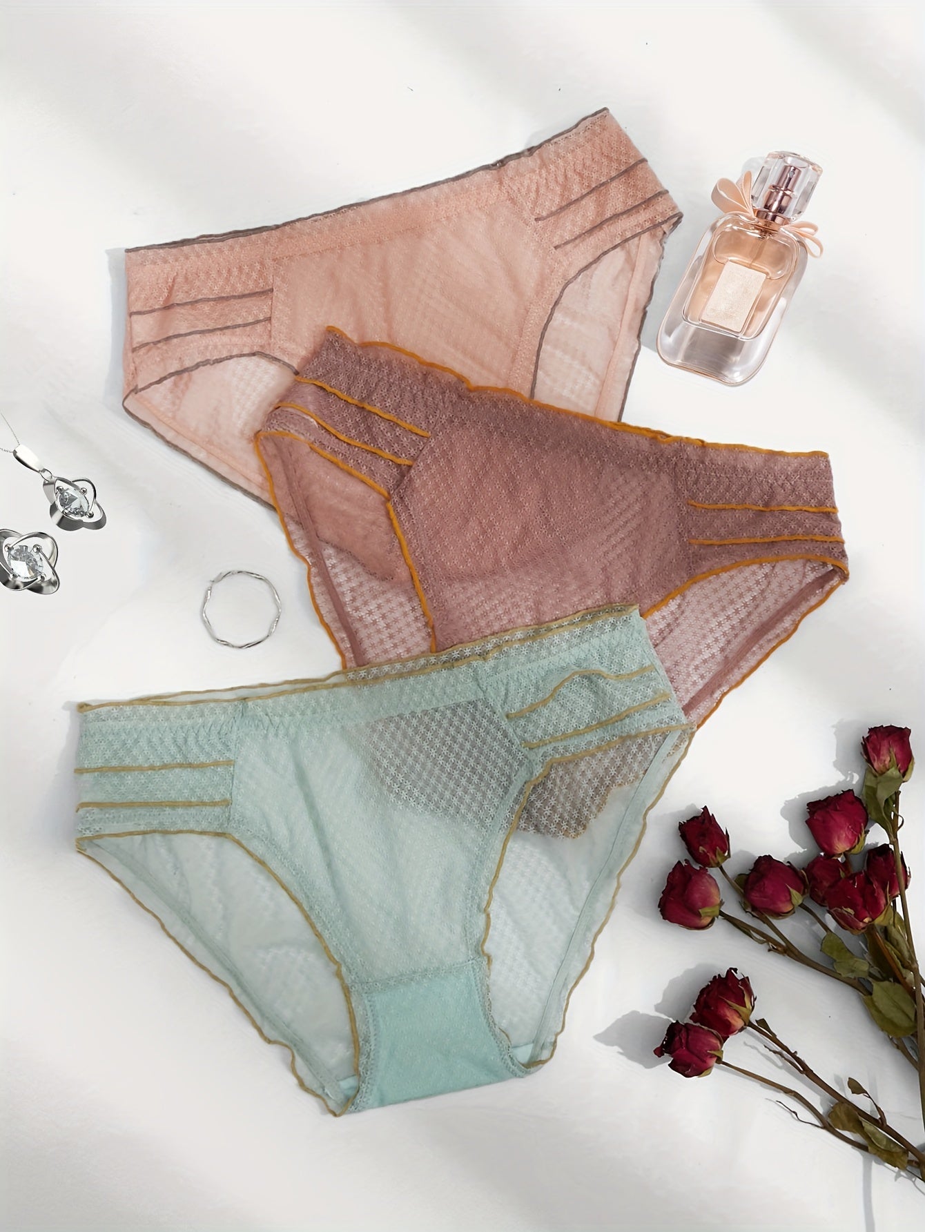3 Pack Plus Size Panties Set Women's Plus Contrast Ruffle Trim