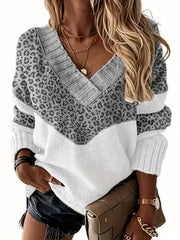 Colorblock Leopard Print V Neck Sweater