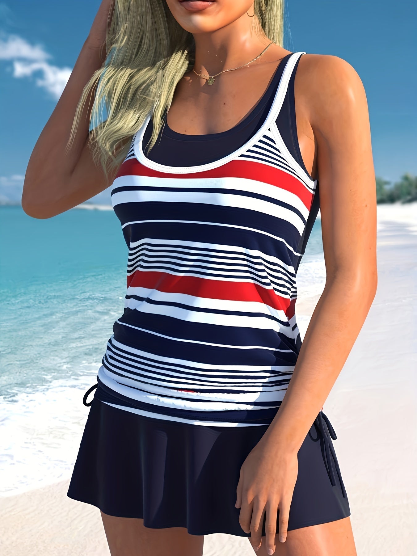 Preppy Tankini Set Stripe Print Lace Up Racer Back Top & Mini Skirt