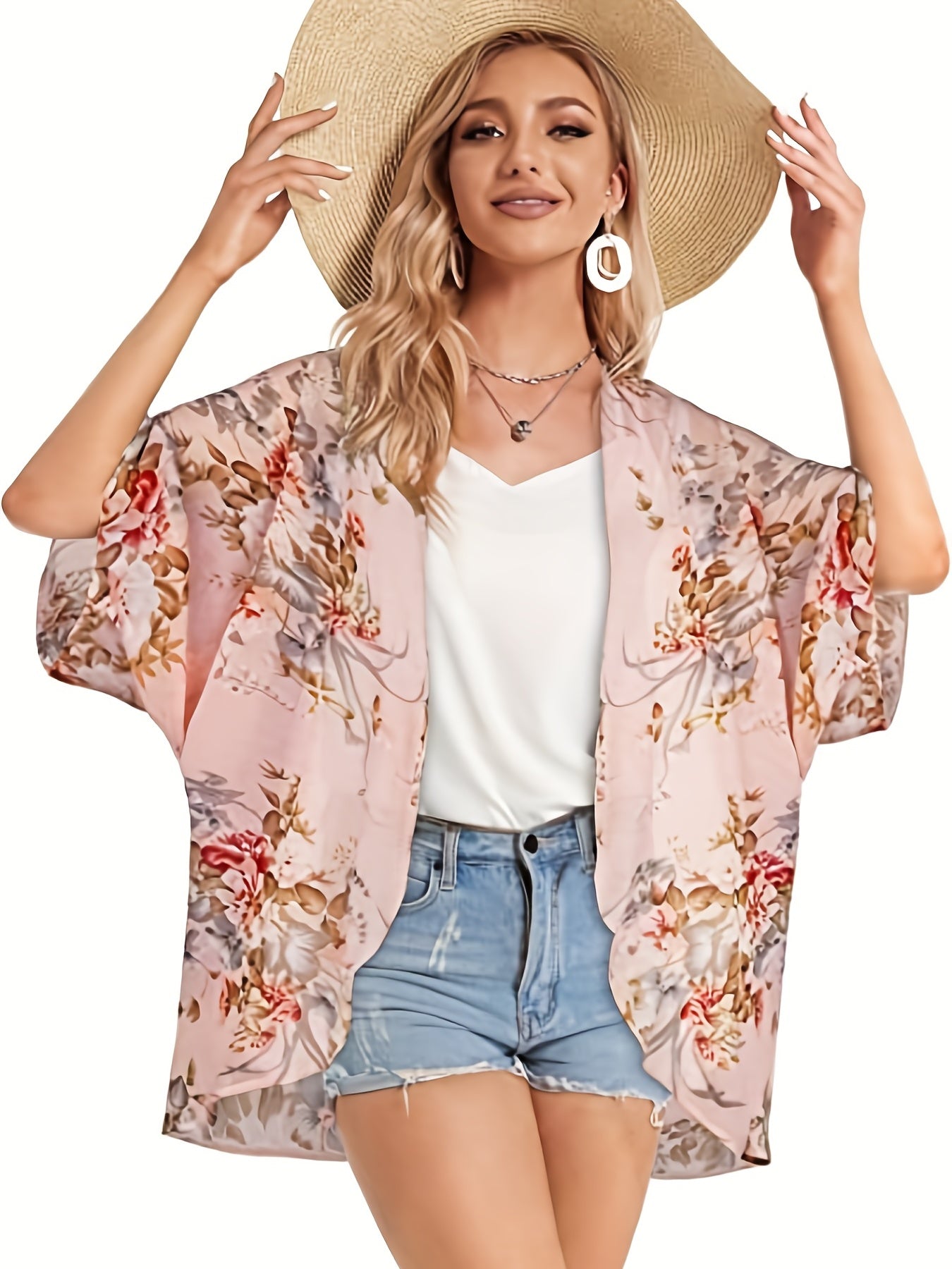 Floral Print Cover Up Shirt V Neck Loose Fit Half Sleeves Casual Kimono