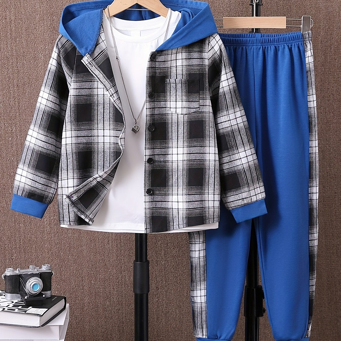 Boy's Plaid Hooded Shirt & Sweatpants Set for Spring Fall
