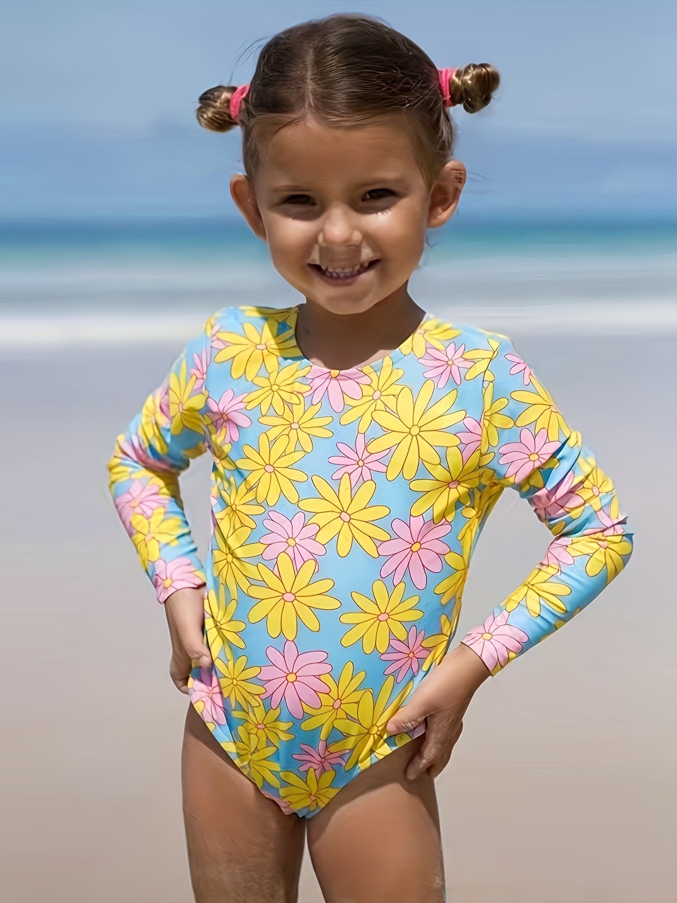 Flower Print Long Sleeve Swimsuit for Girls