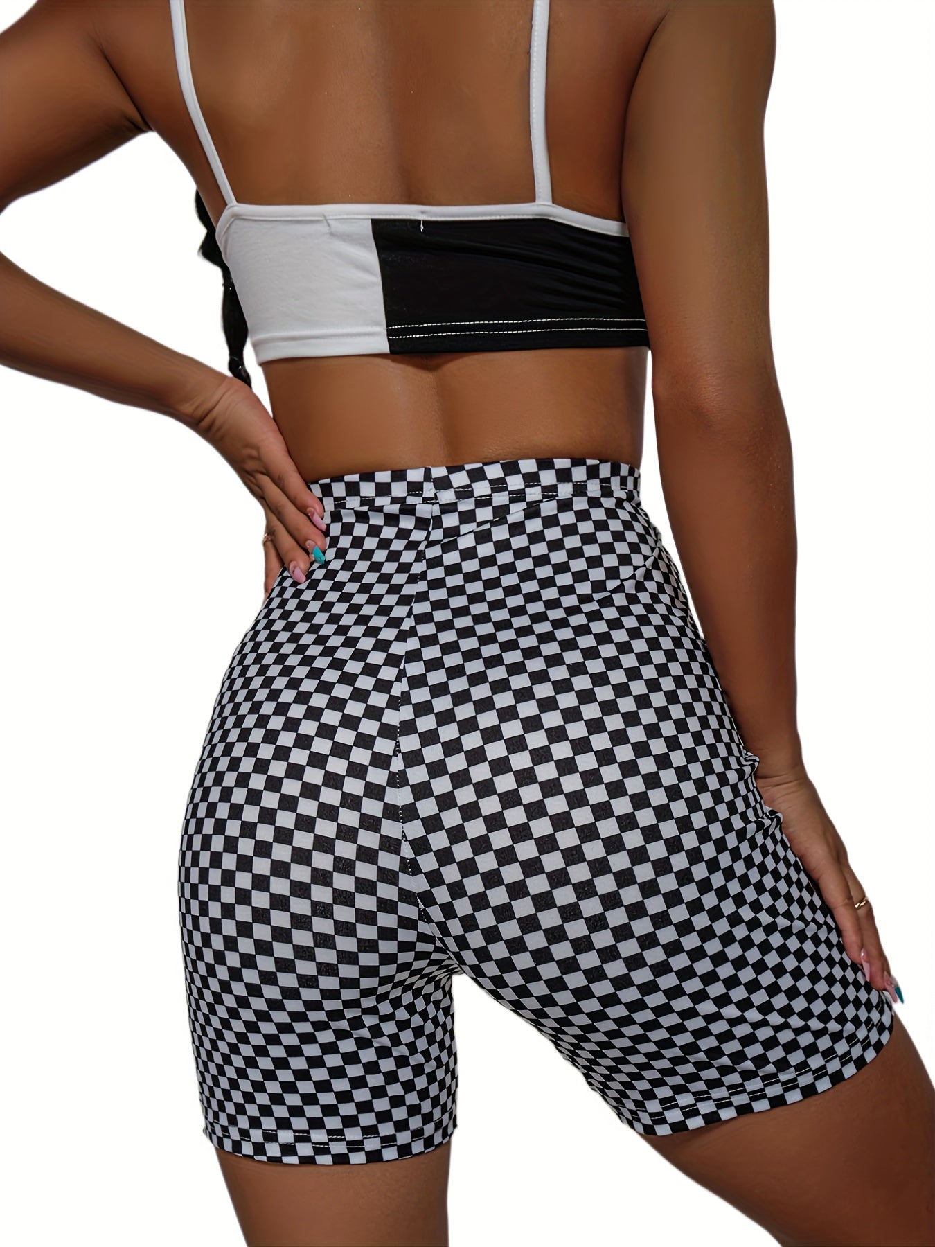 Checkerboard Print High Waist Slim Shorts Women's Clothing
