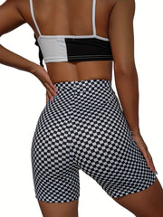 Checkerboard Print High Waist Slim Shorts Women's Clothing