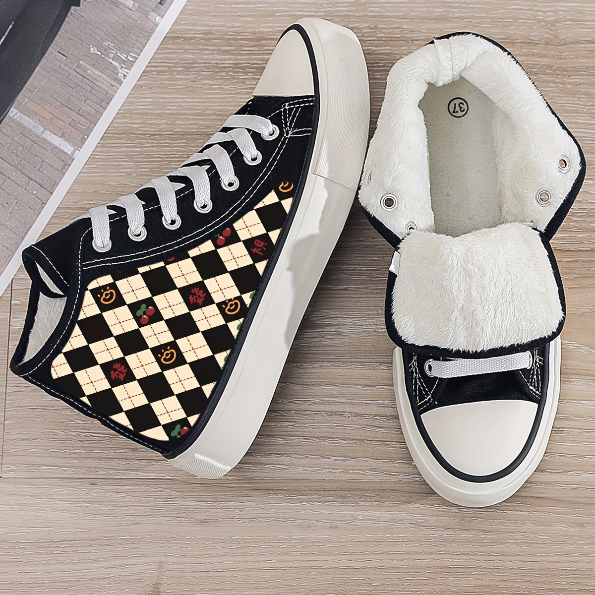 Cherry Print Plush Lined Canvas Sneakers