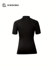 Women's Solid Mock Neck Short Sleeve Shirts Zipper Quick Dry Tops