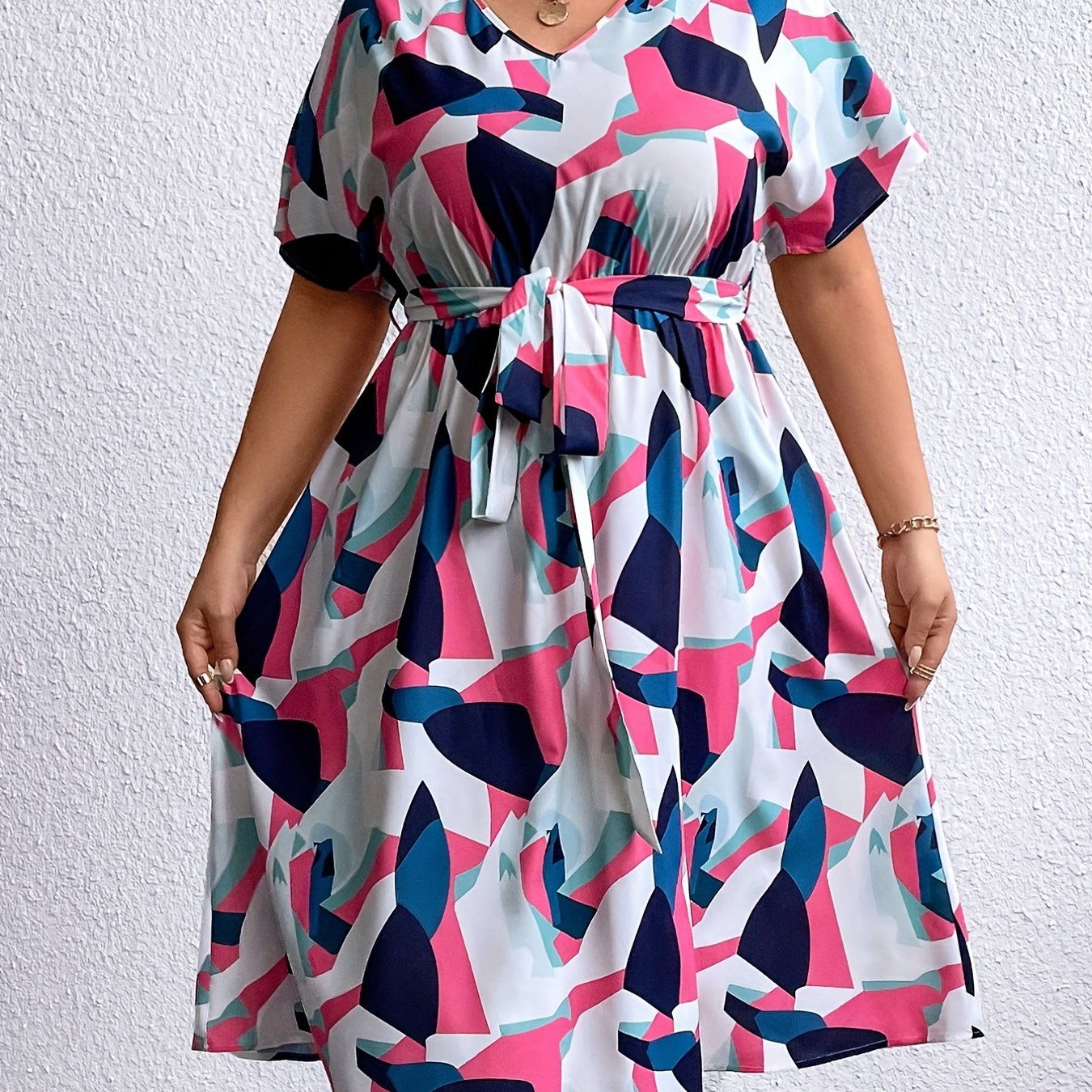 Colorblock Geometric Print V Neck Dress With Belt