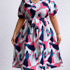 Colorblock Geometric Print V Neck Dress With Belt