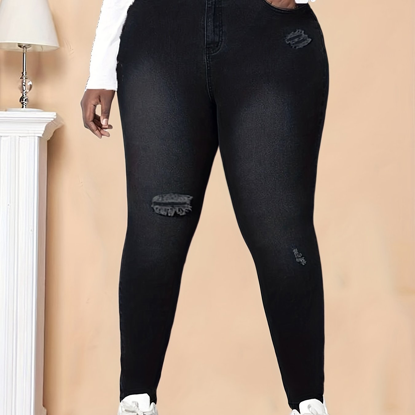 High Rise Ripped Skinny Jeans Women's Plus Denim Pants
