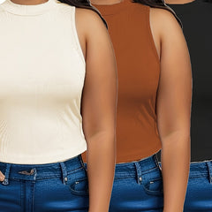 3 Pcs Plus Size Tank Top Set Women's Plus Solid Crew Neck