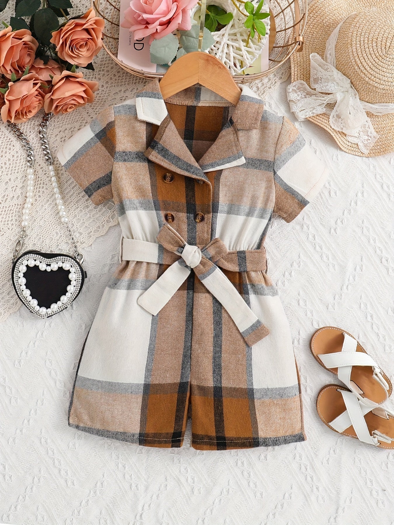 Girls' Plaid Romper Jumpsuit With Belt Kids Party Vacation Outfit