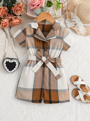 Girls' Plaid Romper Jumpsuit With Belt Kids Party Vacation Outfit